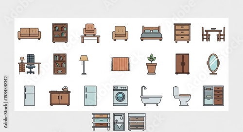 Collection of cartoon furniture icons for interior design.