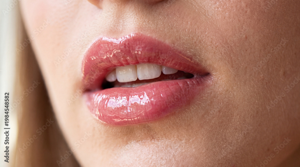 Obraz premium Glossy lips closeup natural skin texture pink lip gloss smooth complexion feminine beauty sensual expression healthy lips soft makeup glamour style youthful appearance