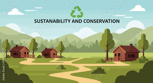Sustainability and Conservation Green Landscape with Houses.