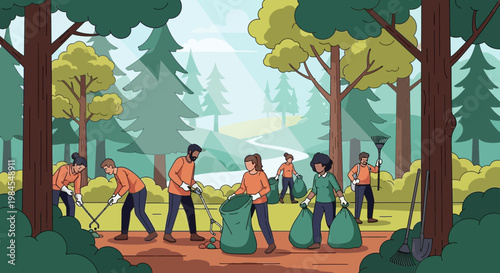 Volunteers cleaning up a forest park environment.