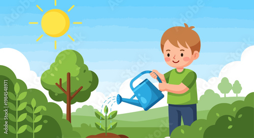 Young boy happily watering a small plant in the garden.