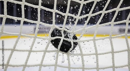 Broken Ice Hockey Goal Net with Puck Impact