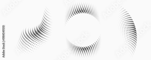 Set of dotted curved abstract shapes. Dotted pattern in halftone theme. Curved and twisted abstract gradients. Vector design element in black and white color.