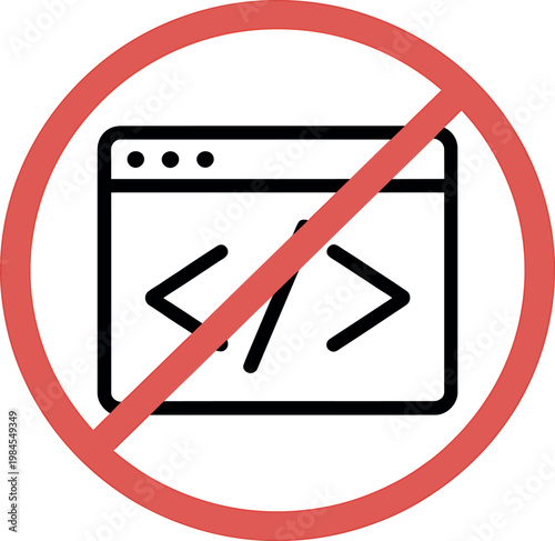 Red circle with line through web page icon indicating no coding allowed here sign
