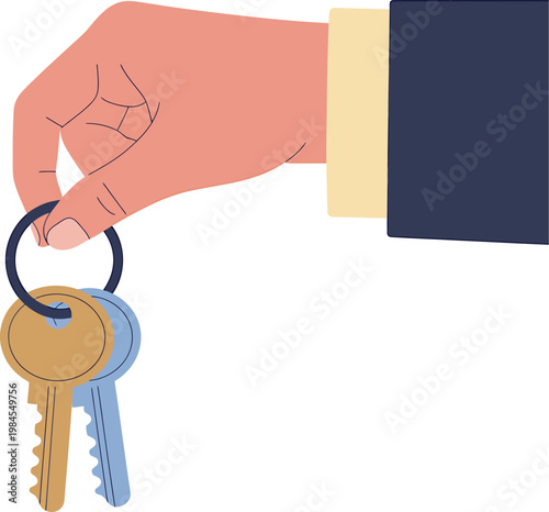 Hand holding two keys on a keyring isolated on white background