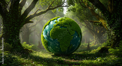 A vibrant green globe covered in moss and leaves sits in a serene forest surrounded by tall trees on transparent background