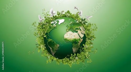 A beautiful green globe with leaves and flowers on transparent background