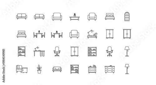 Collection of hand drawn furniture icons for interior design.