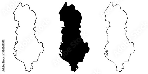 Albania map vector icon set. Albania map line icon, Albania map silhouette icon, Albania map dotted line icon