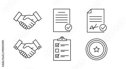 Business agreement icons handshake document checklist and seal.