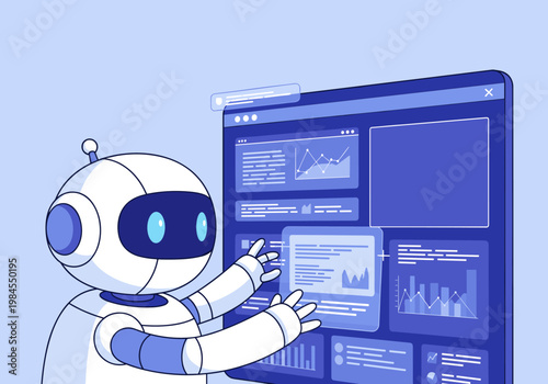 AI robot interacting with digital interface and data panels futuristic technology concept