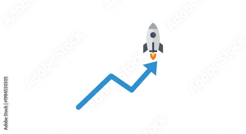 A graphic illustration depicting business growth and technological advancement with a rocket ship