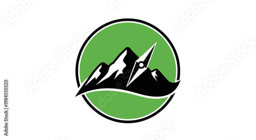Mountainous emblem with compass symbol within a green circular design element