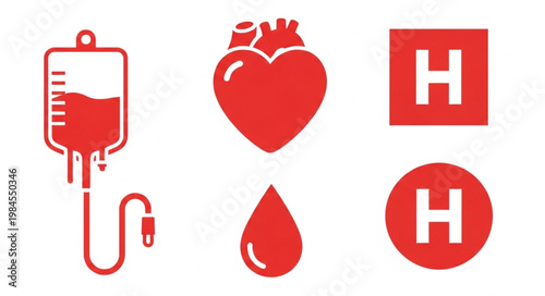 Medical icons representing blood donation and hospital care.
