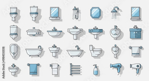 Collection of Bathroom Fixtures and Accessories Icons.