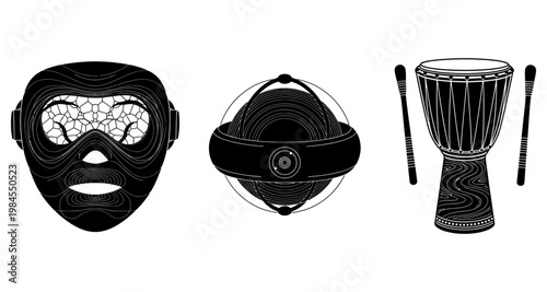 Abstract futuristic mask circular emblem and djembe drum in silhouette against white