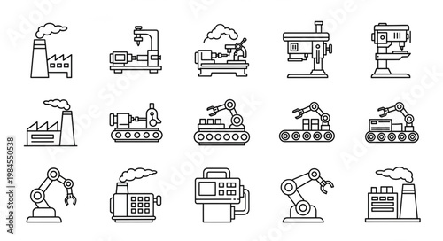 Industrial Machinery and Factory Icons Set.