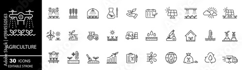 Agriculture icons. Icons related to farming, agriculture, gardening, farming, smart farmin and sowing. Vector illustration.