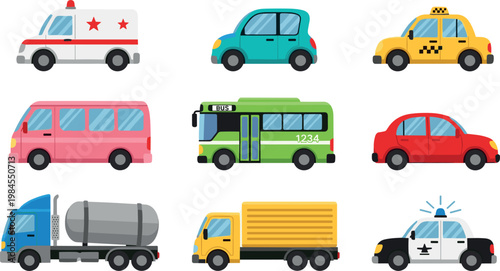 Vehicle Set with Ambulance, Taxi, Bus, Police Car, Truck, and Cement Mixer