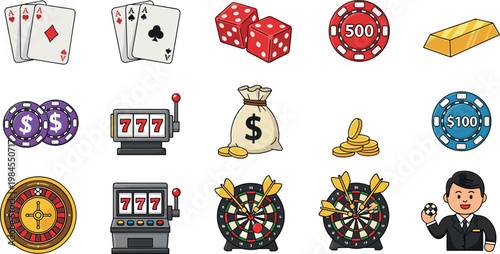 Casino Games Collection with Poker, Dice, Slot Machines, Roulette, Gambling Chips, and Dollar Banknotes