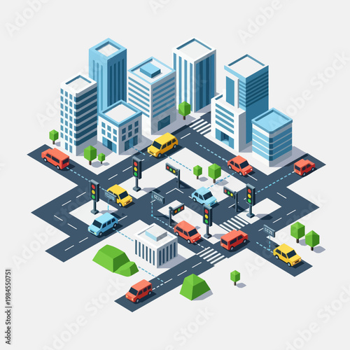 Isometric Cityscape Illustration with Buildings, Roads, and Vehicles.