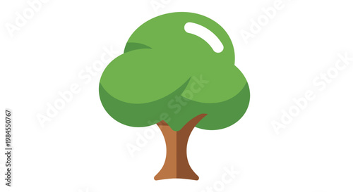 Cartoon-style image of a solitary tree with vibrant green foliage and brown trunk