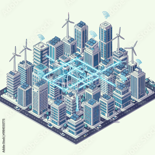 Isometric Smart City with Renewable Energy and Digital Network.