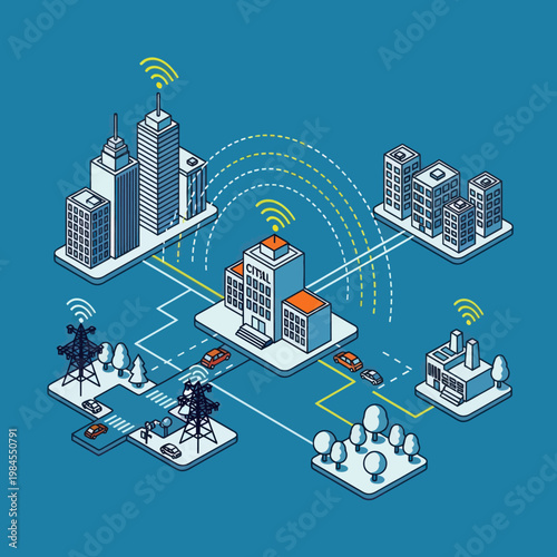 Isometric City Network - Seamless Connectivity and Smart Infrastructure.