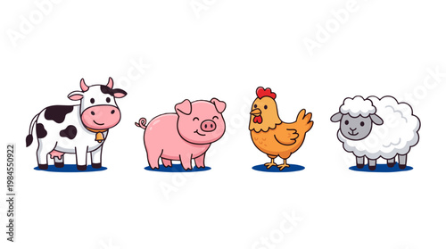 vector A cheerful group of cartoon farm animals including a cow, pig, chicken, and sheep.