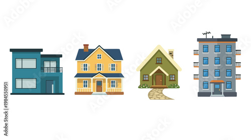 vector A row of different houses, ranging from a modern duplex to a classic suburban home and apartment building.