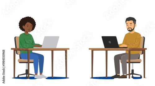 vector Two diverse professionals, a woman and a man, working on their laptops at separate desks.