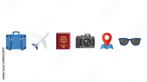 vector A collection of travel essentials including a suitcase, airplane, passport, camera, and sunglasses.