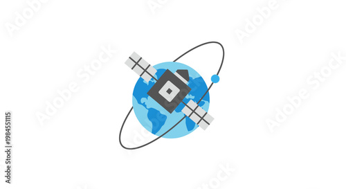Conceptual illustration depicting orbital satellite hovering above a stylized planetary globe