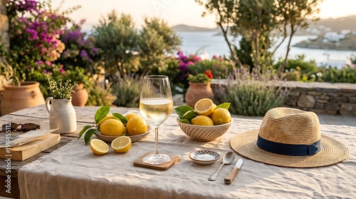 outdoor dining table with lemons and wine glass on white tablecloth by sea view