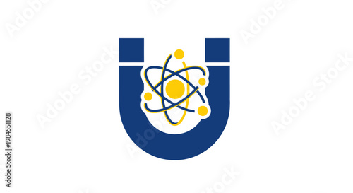 Conceptual representation of atomic structure within a stylized letter U, science-related