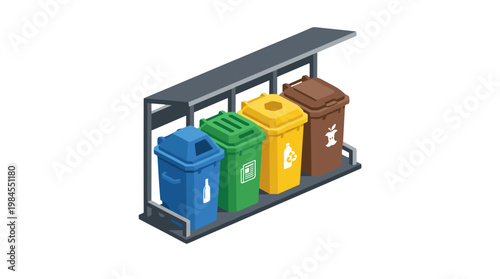 vector Four colorful bins for recycling are arranged in a row, each with a symbol indicating its waste type.