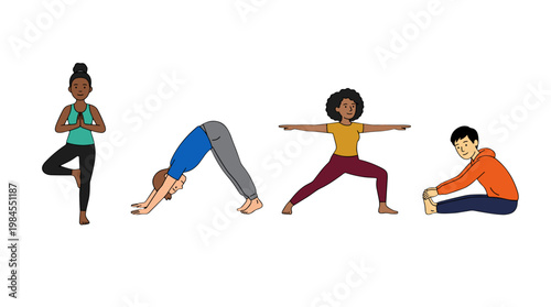 vector Four diverse people are illustrated in various yoga poses on a white background for wellness.