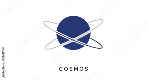 Minimalist design of a cosmos logo featuring a planet and orbiting paths over a white background