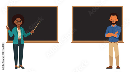 vector A female teacher points at a blackboard while a male teacher stands with crossed arms beside another blackboard.