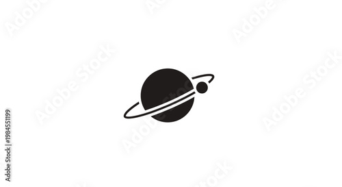 Minimalist planet icon with orbiting moon or object against a clean white background