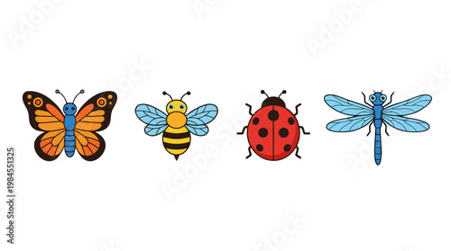 vector An illustrated grouping of four insects: a butterfly, bee, ladybug, and dragonfly.
