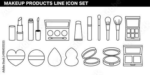 メイク用品・コスメ・美容アイテムカテゴリを表現した線画イラストセット リップ・ファンデーション・ブラシなどのビューティーコンセプト