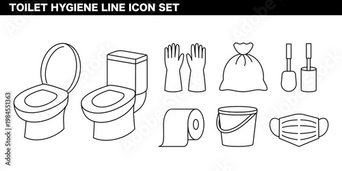 トイレ・衛生・バスルーム用品カテゴリを表現した線画イラストセット 清掃・清潔・日用品の生活コンセプト