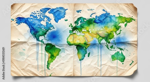 Watercolor World Map Painted On Crumpled Paper With Blue Green Yellow Hues Splashing Down