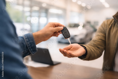 a person is handing car keys to another individual, likely finalizing a vehicle purchase, completing service, or trade-in at a dealership.