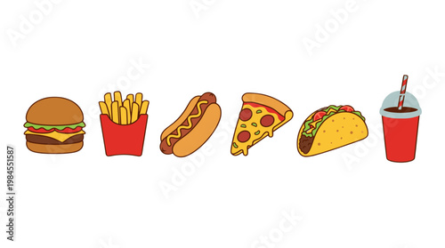 vector Selection of popular fast food items including a burger, fries, hot dog, pizza, and taco