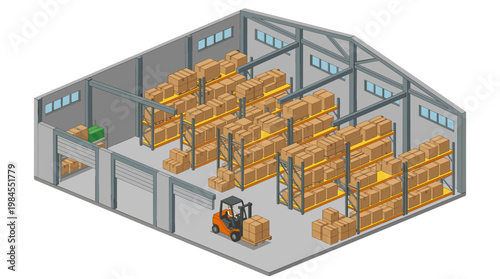 vector Interior of a warehouse filled with shelves stacked high with cardboard boxes and a forklift
