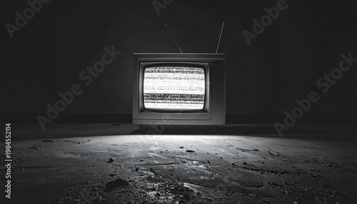 a vintage television set displaying static in a dark, abandoned room. haunting background.