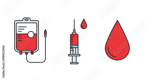 Medical icons representing blood donation and transfusion.
