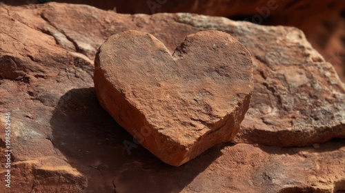 A natural heart-shaped reddish-brown rock rests on rough stone surface, bathed in sunlight with deep shadows and clear t